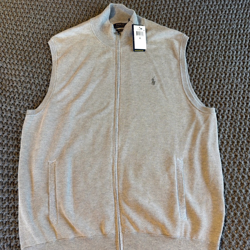 NEW Polo Ralph Lauren 100% Cotton Light Gray Sweater Vest Men Size XL Full Zip